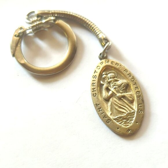 Vintage St Christopher Protect Us Sterling Silver Medallion Pendant Keychain - Picture 1 of 4